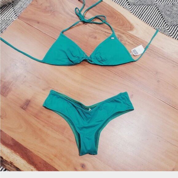 O’Neill Saltwater Teal Triangle Knot Bikini + Ruched Cheeky Bikini Bottom Set - Picture 1 of 11